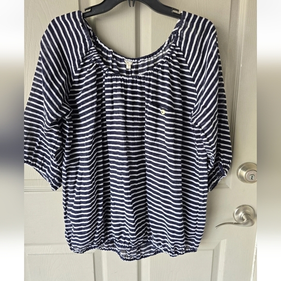 J Crew Sheeer Blouse  Medium Women Navy Blue White Striped Cotton See Thru - Picture 3 of 13
